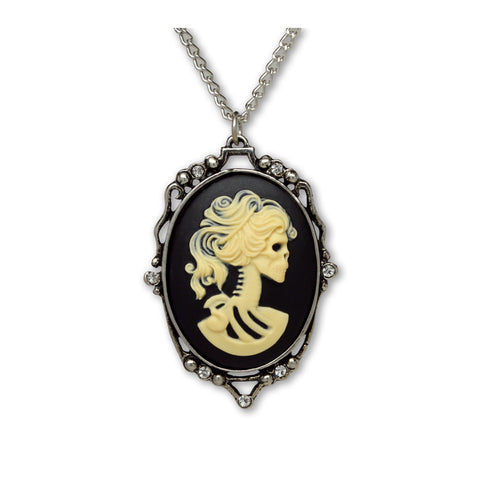 Gothic Lolita Cameo Ivory on Black with Crystals Pewter Pendant Necklace NK-610