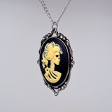 Gothic Lolita Cameo Ivory on Black with Crystals Pewter Pendant Necklace NK-610