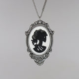 Gothic Lolita Skull Cameo Black on White in Pewter Frame Pendant Necklace NK-624