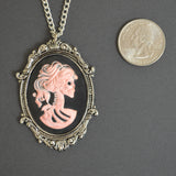 Gothic Lolita Skull Cameo Pink on Black in Silver Frame Pewter Pendant Necklace NK-629PB