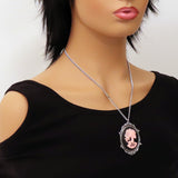 Gothic Lolita Skull Cameo Pink on Black in Silver Frame Pewter Pendant Necklace NK-629PB