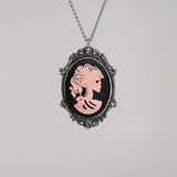 Gothic Lolita Skull Cameo Pink on Black in Silver Frame Pewter Pendant Necklace NK-629PB