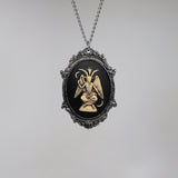 Antiqued Sitting Satanic Baphomet Cameo In Silver Finish Frame Necklace Pendant NK-674 ANT