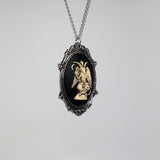 Antiqued Sitting Satanic Baphomet Cameo In Silver Finish Frame Necklace Pendant NK-674 ANT