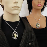 Sitting Satanic Baphomet Cameo In Silver Finish Frame Necklace Pendant Ivory on Black NK-674