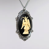 Sitting Satanic Baphomet Cameo In Silver Finish Frame Necklace Pendant Ivory on Black NK-674