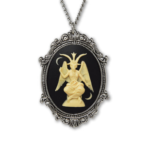 Sitting Satanic Baphomet Cameo In Silver Finish Frame Necklace Pendant Ivory on Black NK-674