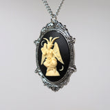Sitting Satanic Baphomet Cameo In Silver Finish Frame Necklace Pendant Ivory on Black NK-674