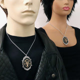 Antiqued Goat Head Satanic Baphomet Cameo Bone on Black In Silver Finish Frame Necklace Pendant NK-675 ANT