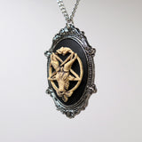 Antiqued Goat Head Satanic Baphomet Cameo Bone on Black In Silver Finish Frame Necklace Pendant NK-675 ANT