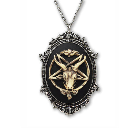 Antiqued Goat Head Satanic Baphomet Cameo Bone on Black In Silver Finish Frame Necklace Pendant NK-675 ANT