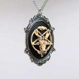 Antiqued Goat Head Satanic Baphomet Cameo Bone on Black In Silver Finish Frame Necklace Pendant NK-675 ANT