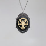 Goat Head Satanic Baphomet Cameo In Silver Finish Frame Ivory on Black Necklace Pendant NK-675