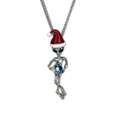 Holiday UFO Alien with Red Santa Hat Holding Crystal Ball Silver Finish Pendant Necklace NK-695