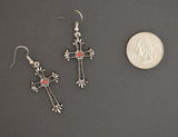 Gothic Victorian Cross with Red Austrian Crystals Pewter Earrings #1003