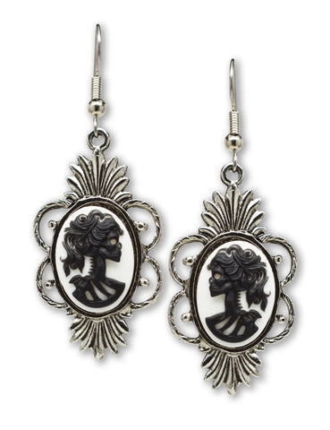 Gothic Lolita Skull Cameo Dangle Earrings Black on White #1014BW
