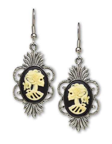 Gothic Lolita Skull Cameo Dangle Earrings Ivory on Black #1014I