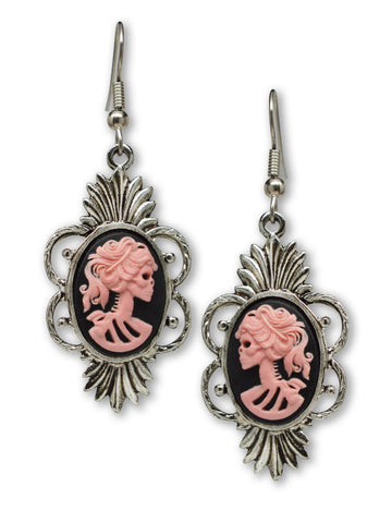 Gothic Lolita Skull Cameo Dangle Earrings Pink on Black #1014P
