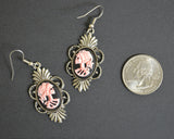 Gothic Lolita Skull Cameo Dangle Earrings Pink on Black #1014P