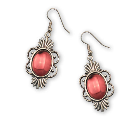 Gothic Blood Red Cabochon Earrings in Silver Pewter Frame #1014R