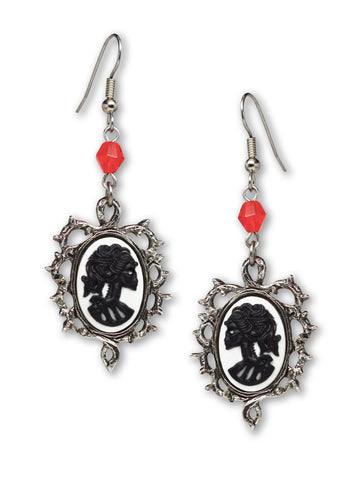 Gothic Lolita Skull Cameo Black on White Wrapped in Thorns Dangle Earrings #1015BW