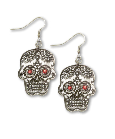 Sugar Skull Pewter Earrings with Red Austrian Crystal Stones #1023R