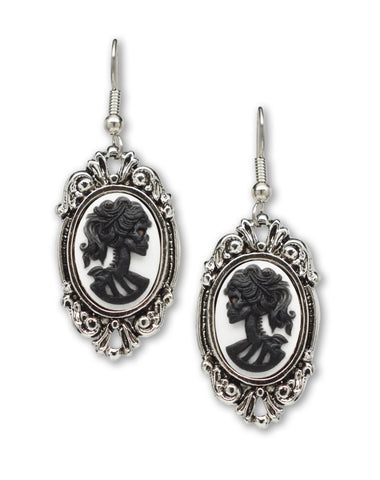 Gothic Lolita Skull Cameo Black on White Small Pewter Earrings #1024BW