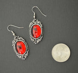 Blood Red Cabochon Set in Silver Frame Dangle Earrings #1024R