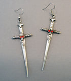 Gothic Skull on Sword Medieval Renaissance Silver Earrings #1028