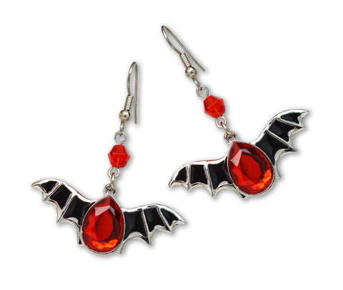 Black Bat Wings with Blood Red Stone Pewter Dangle Earrings #1039