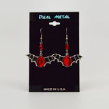 Black Bat Wings with Blood Red Stone Pewter Dangle Earrings #1039