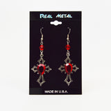 Gothic Cross with Red Stone Medieval Renaissance Dangle Earrings #1040