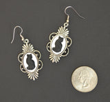 Black Cat Cameo in Silver Pewter Frame Dangle Earrings #1041