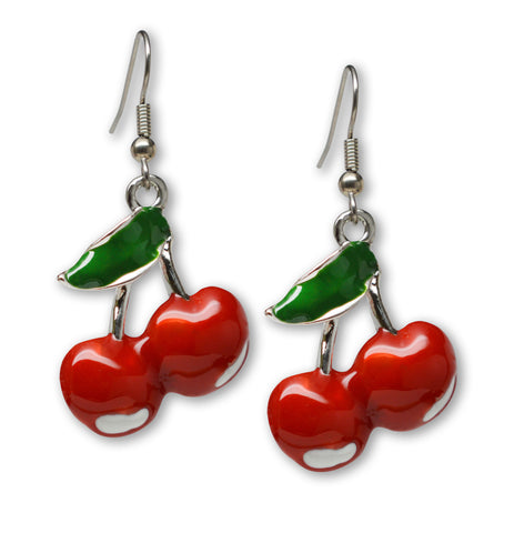 Retro Red Cherries Classic Pewter Earrings #1043