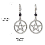 Gothic Pentacle with Black Bead Silver Medieval Renaissance Dangle Earrings #809BD