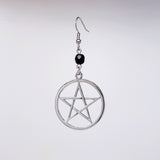 Gothic Pentacle with Black Bead Silver Medieval Renaissance Dangle Earrings #809BD