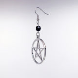 Gothic Pentacle with Black Bead Silver Medieval Renaissance Dangle Earrings #809BD