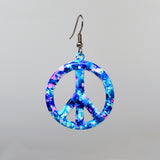 Purple Blue Hippie Tie Dye Peace Sign Enamel on Pewter Dangle Earrings