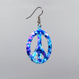 Purple Blue Hippie Tie Dye Peace Sign Enamel on Pewter Dangle Earrings