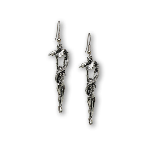 Gothic Maiden Wrapped In Dragon Holding Sword Silver Finish Pewter Earrings with Earring Wires #865