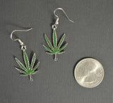 Marijuana Pot Leaf Green Enamel on Silver Pewter Earrings #882