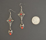 Gothic Spider Web with Hanging Spider and Red Stones Pewter Earrings #962