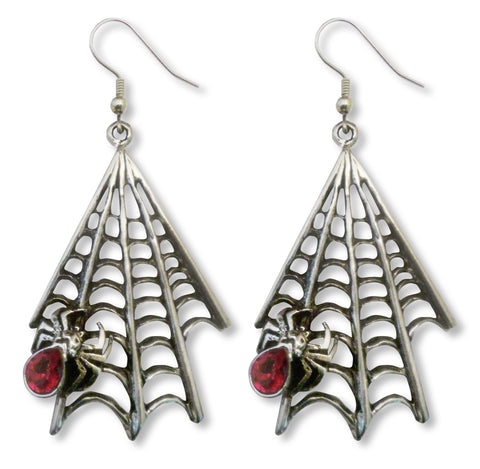 Gothic Spider on Web with Red Austrian Crystal Silver Pewter Earrings #969