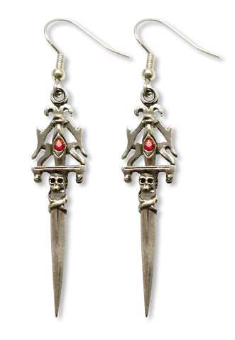 Gothic Skull Dagger Medieval Renaissance Earrings with Red Austrian Crystals #971