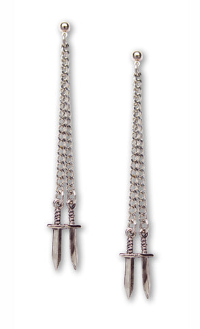 Double Chain Hanging Daggers Earrings Silver Pewter Gothic Jewelry #983