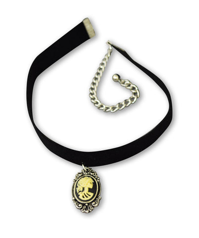 Black Velvet Choker with Lolita Cameo Ivory on Black in Silver Frame CH-1024IB