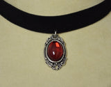 Black Velvet Choker with Blood Red Cabochon in Silver Frame CH-1024R