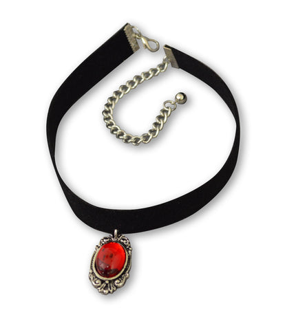 Black Velvet Choker with Blood Red Cabochon in Silver Frame CH-1024R