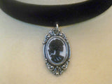 Black Velvet Choker with Gothic Lolita Cameo Black on White CH-1024