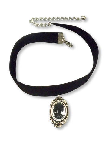 Black Velvet Choker with Gothic Lolita Cameo Black on White CH-1024